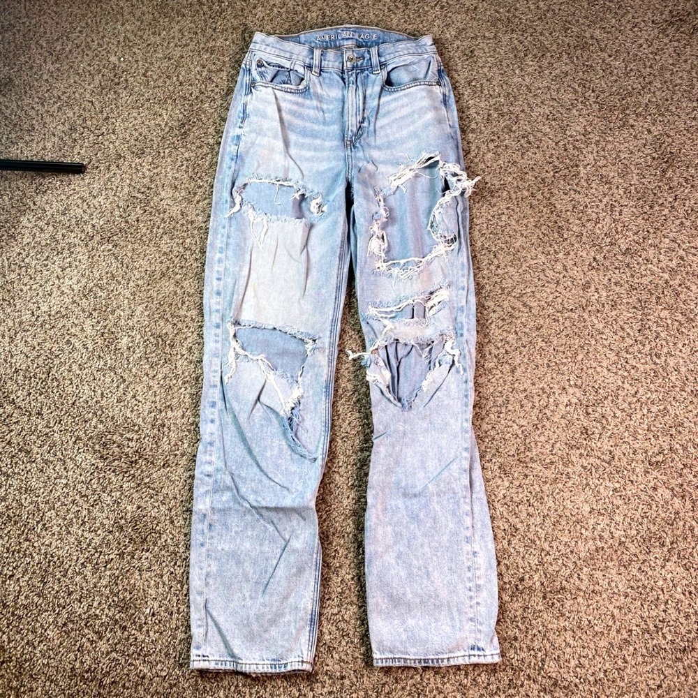 American Eagle Jeans Womens 2 Blue Distressed High Rise Straight Leg Acid Wash